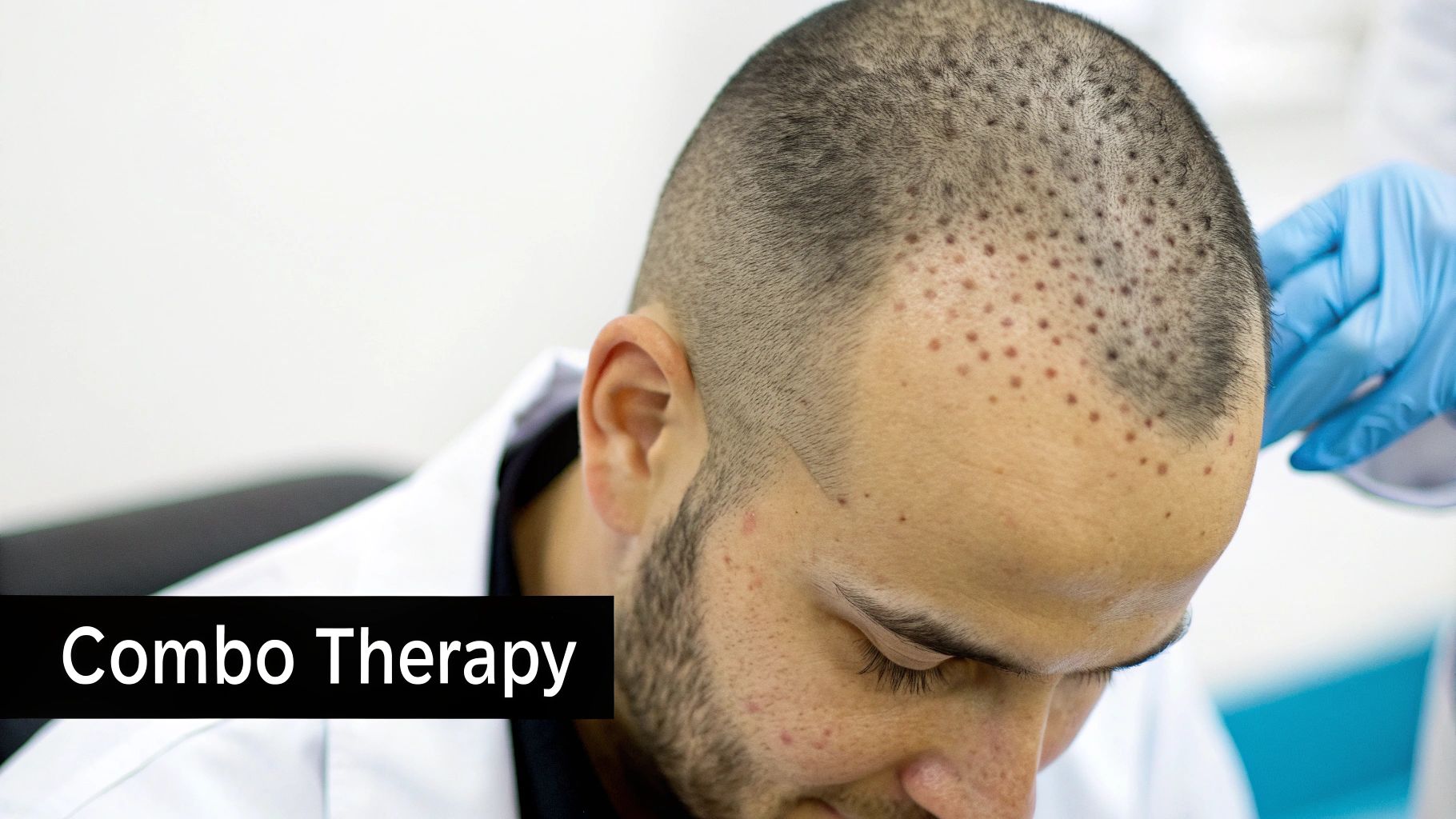 A man's scalp showing numerous small red dots after a hair transplant procedure, with a gloved hand nearby.