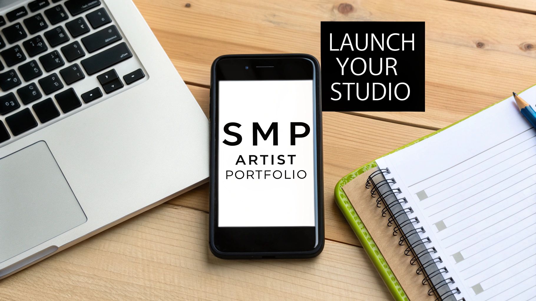 A top-down view of a workspace with a laptop, smartphone, notebook, and text 'Launch Your Studio'.