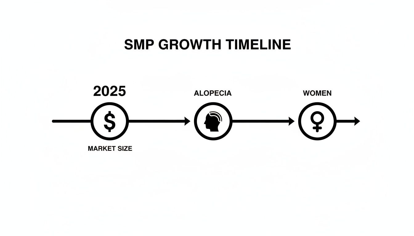 SMP growth timeline illustrating market size in 2025, alopecia, and women as key factors.