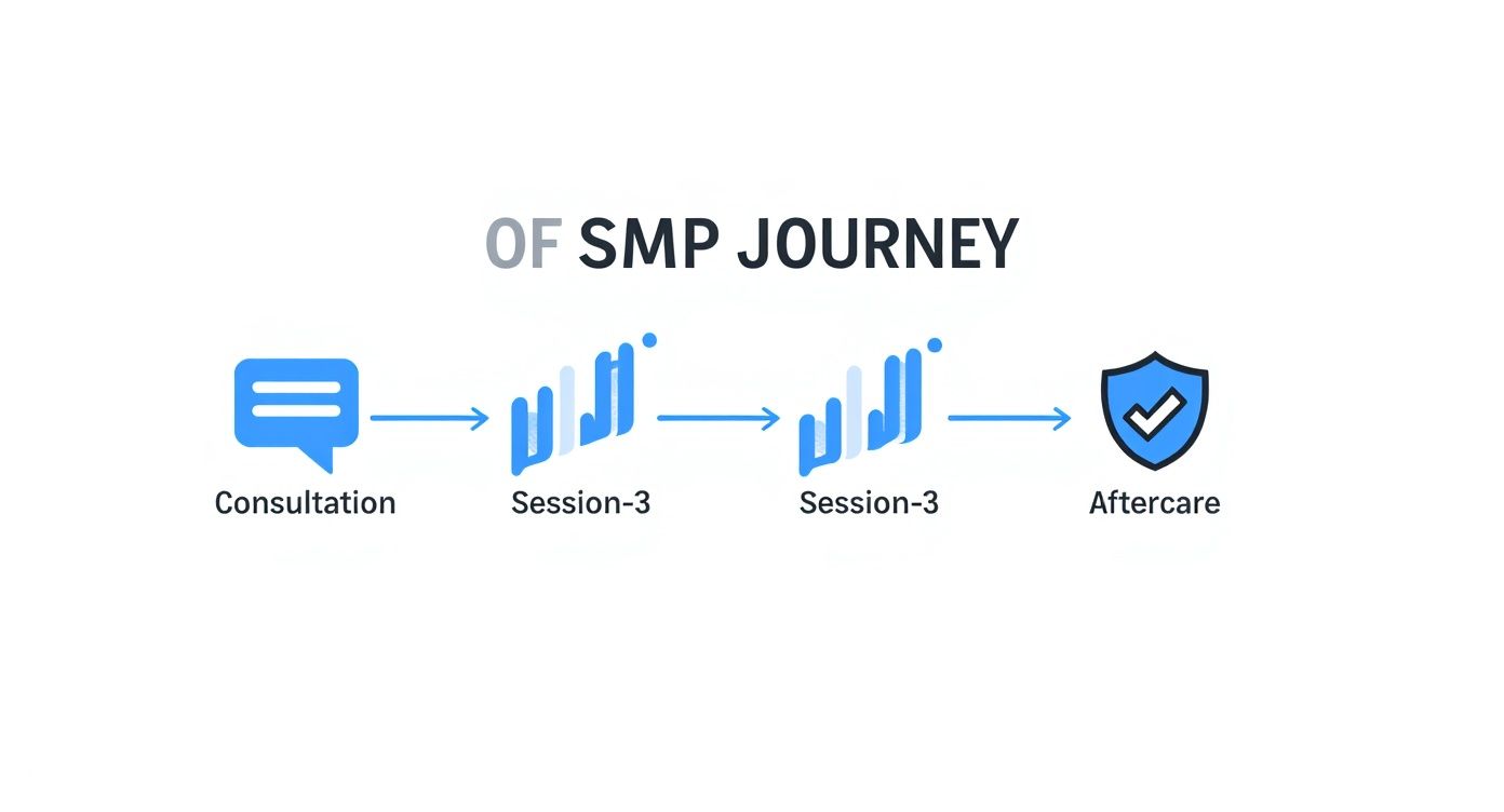 Visualizing the SMP journey process: Consultation, two treatment sessions, and comprehensive Aftercare steps.