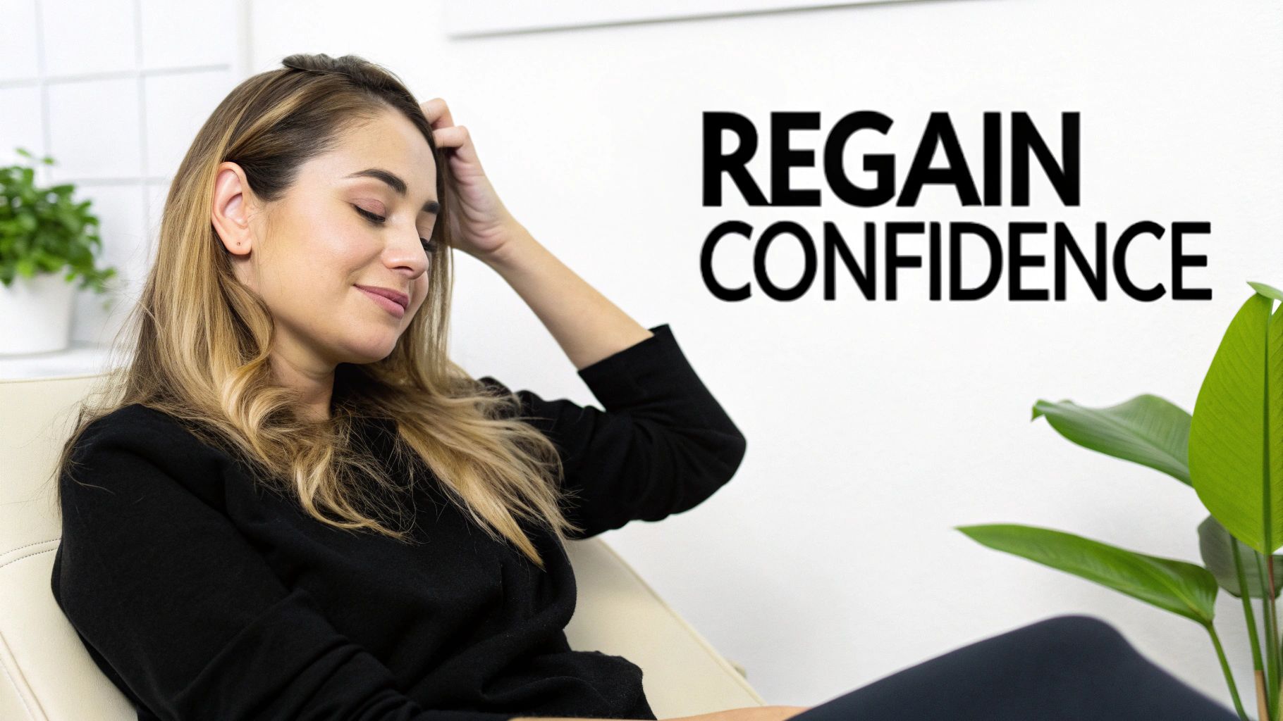 A woman with long, dark hair showcasing the density-enhancing effects of a scalp tattoo treatment on her scalp.