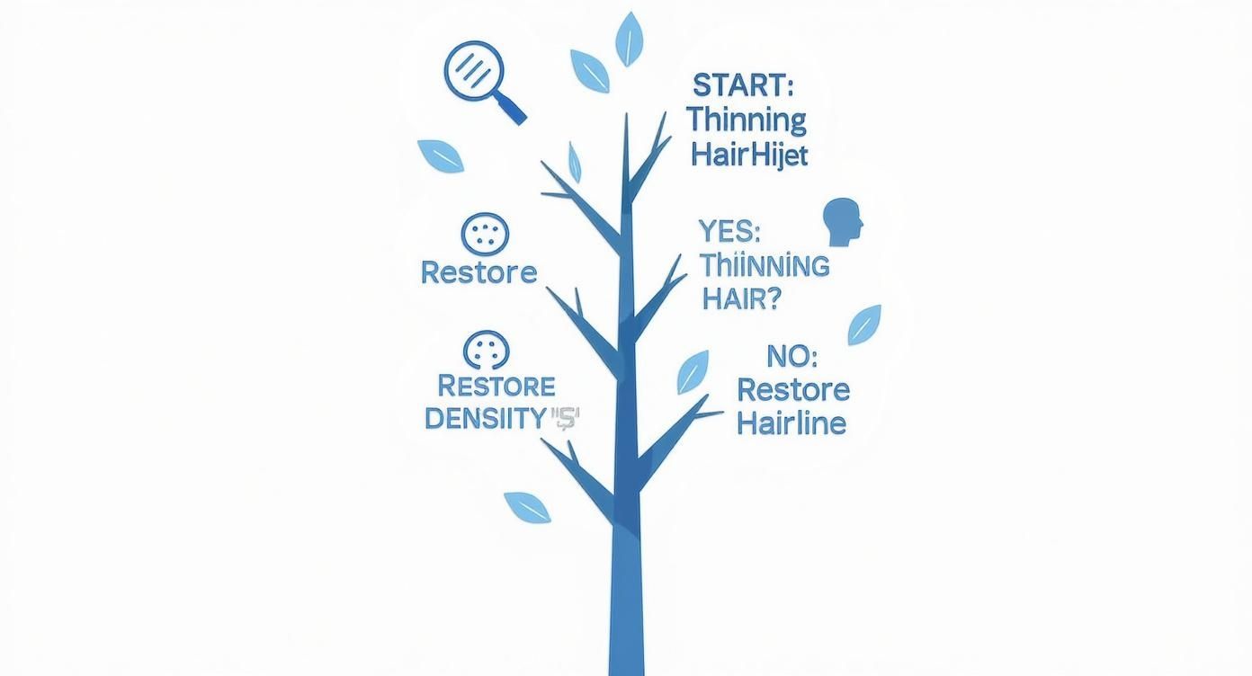 Decision tree diagram showing hair restoration options from thinning hair to density restoration treatments
