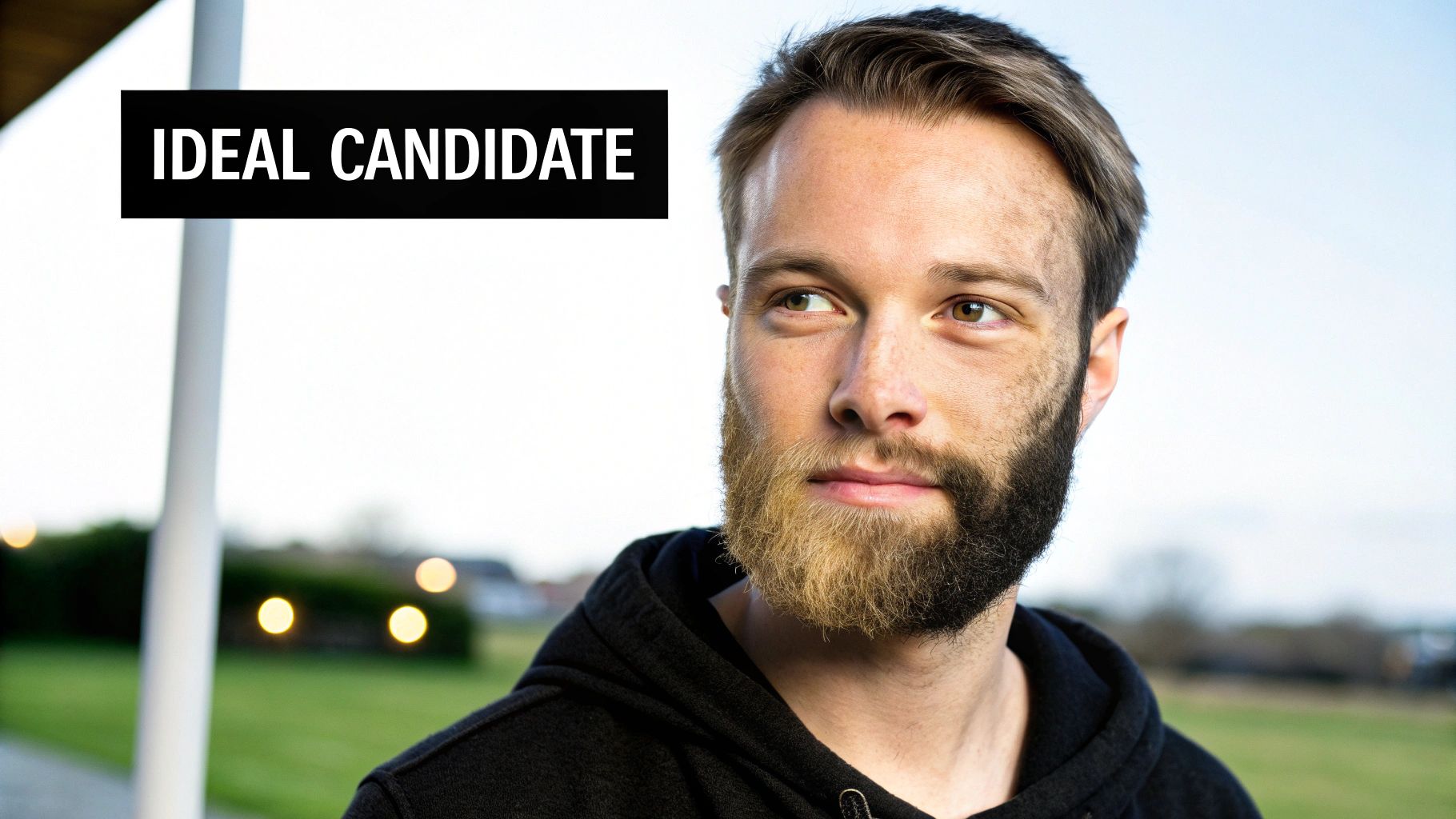 A man's face, half clean-shaven with a blond beard, half dark with stubble, with 'IDEAL CANDIDATE' text.