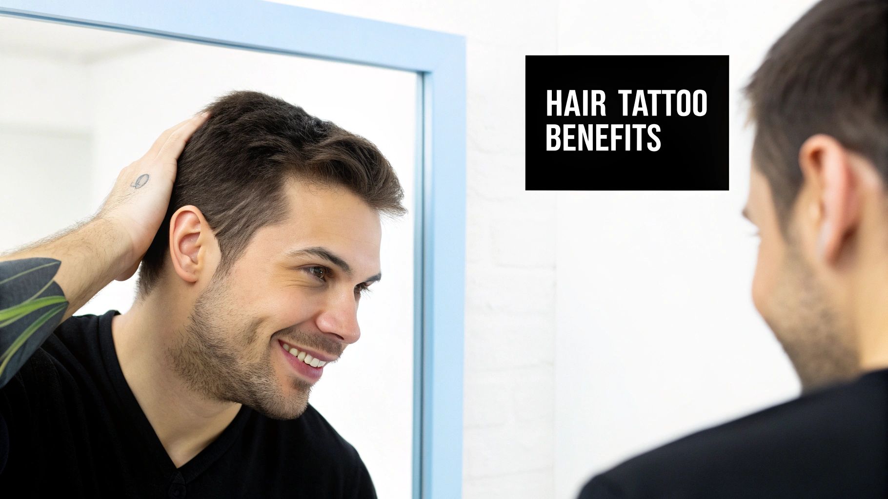 A close-up shot of a man's hairline, showing the realistic effect of a hair tattoo.