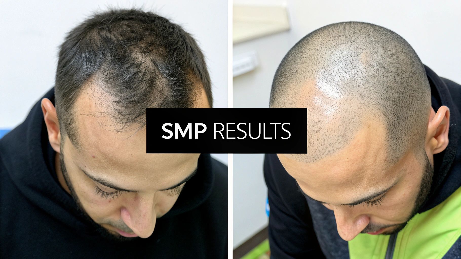 Before and after comparison of a man with hair loss, showcasing SMP results for a fuller, shaved head.