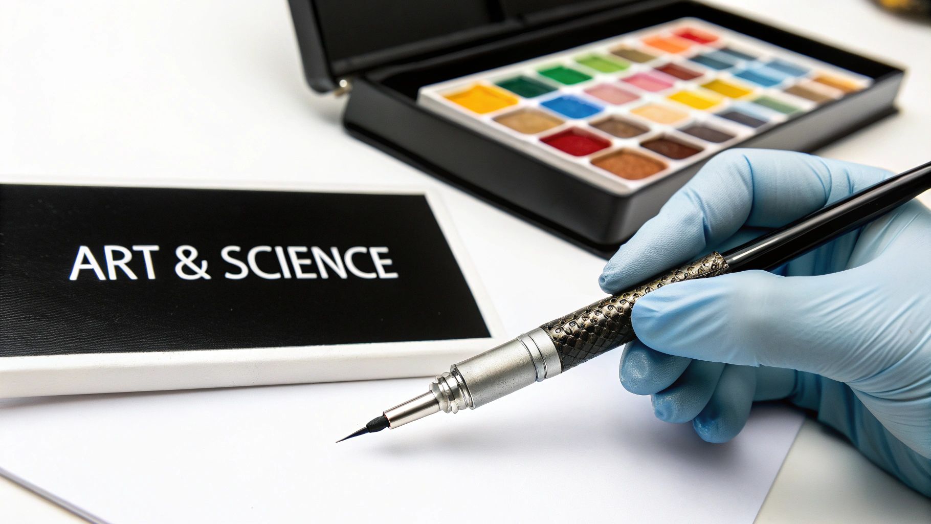 A gloved hand holds a precision pen, with 'ART & SCIENCE' text and a colorful paint set.