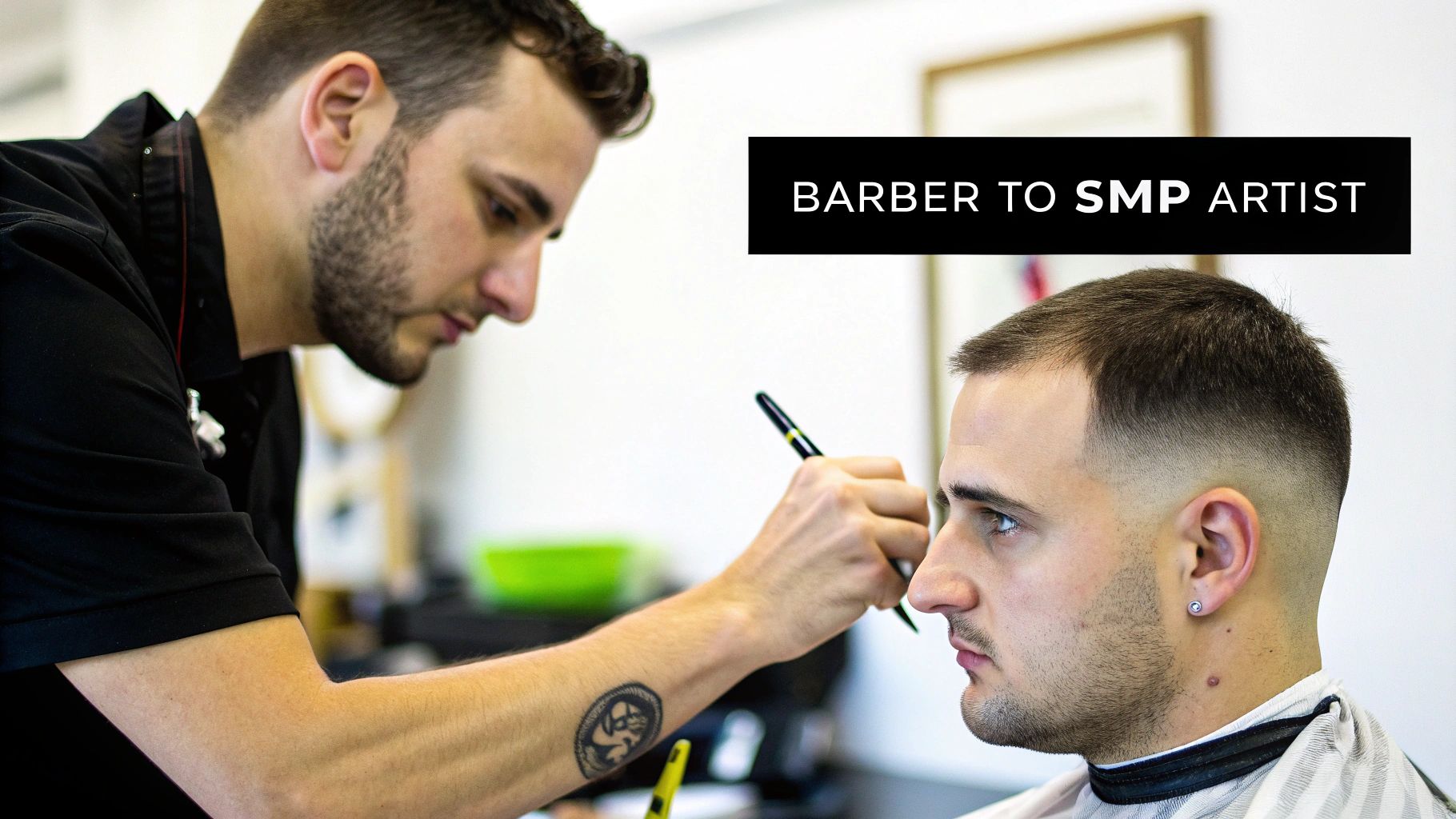 Professional barber performing scalp micropigmentation procedure on male client in modern studio setting