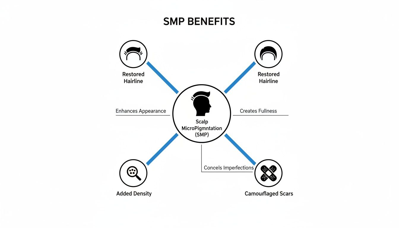 A diagram outlining the benefits of Scalp Micropigmentation (SMP), including restored hairline, added density, and camouflaged scars.