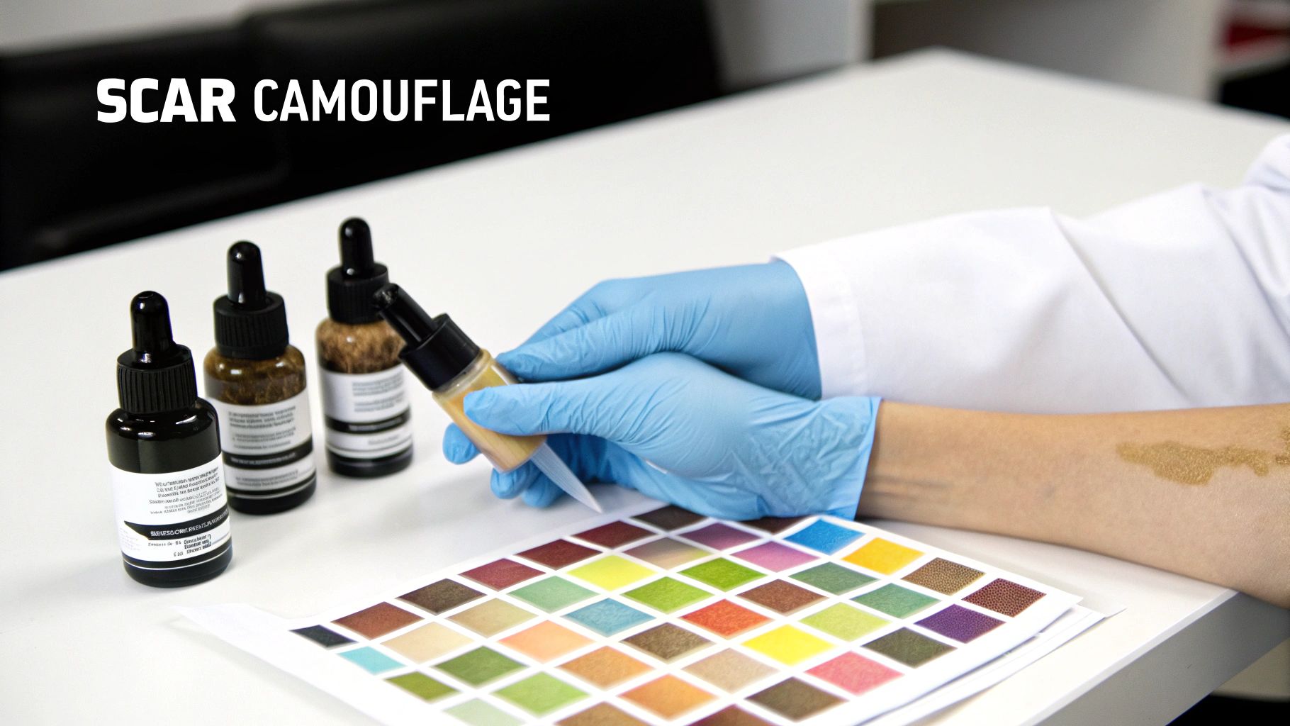 Gloved hands prepare scar camouflage makeup from dropper bottles with a color palette.