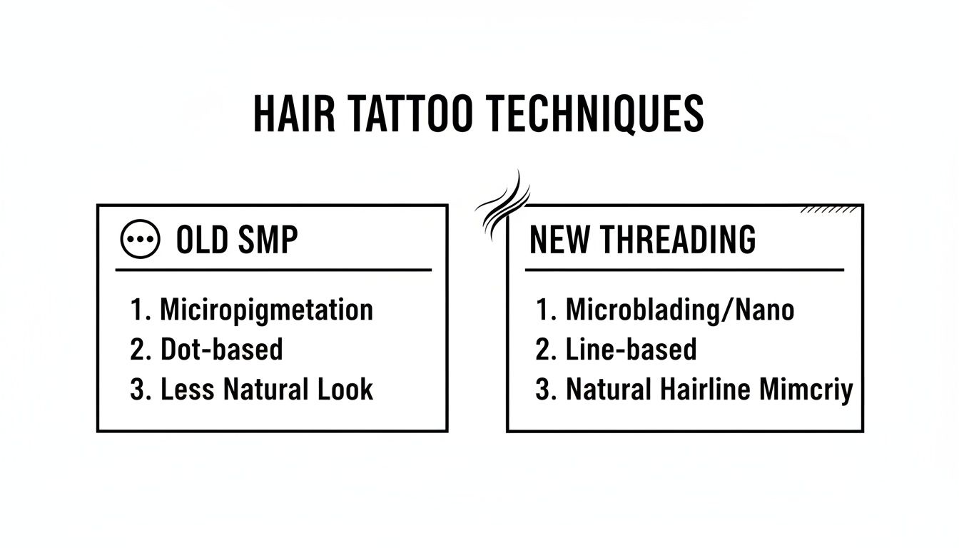 A diagram comparing old SMP (micropigmentation, dot-based) with new threading (microblading, line-based) hair tattoo techniques.