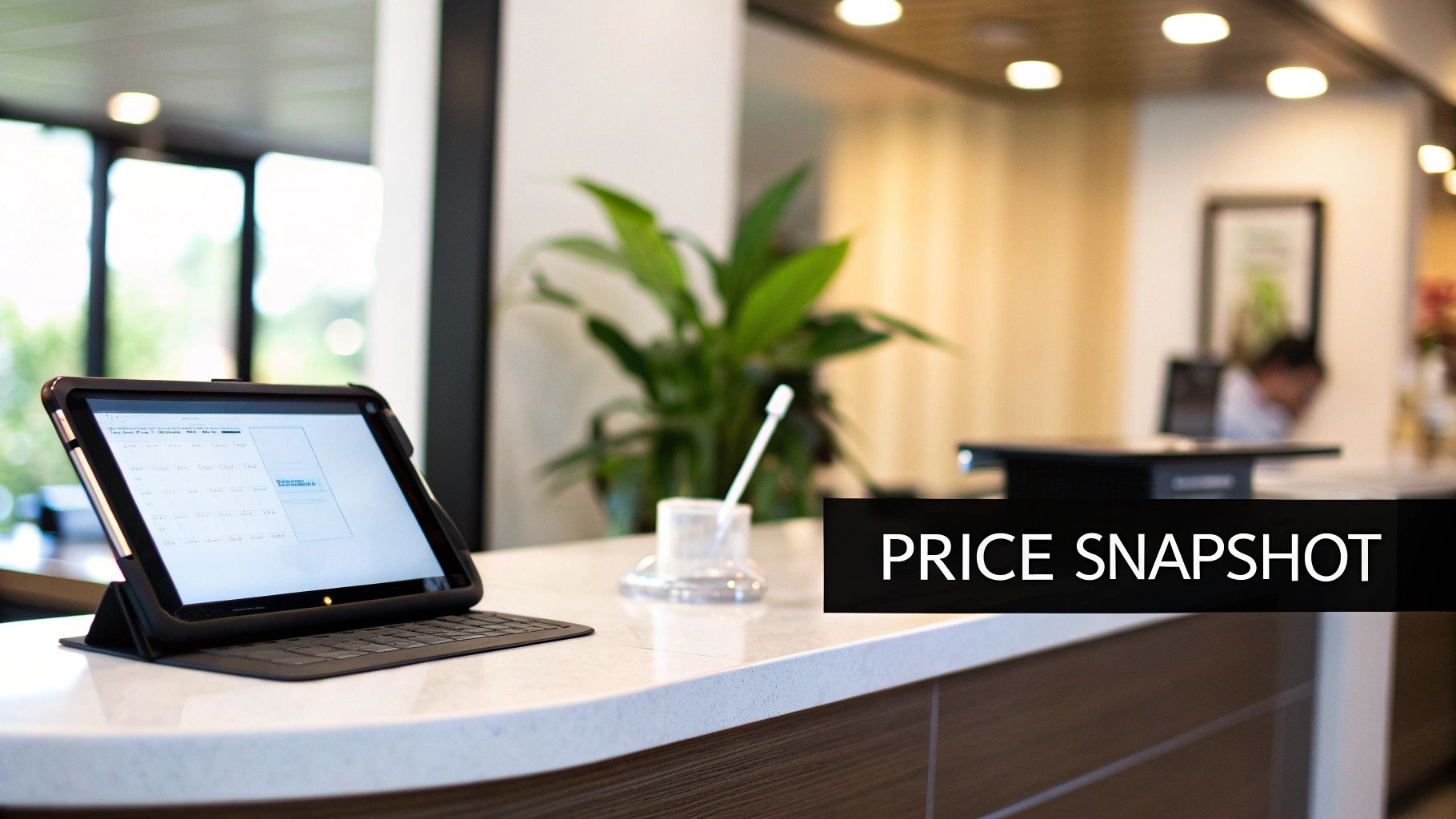 A tablet on a white counter in a modern office, showing a digital display with data.