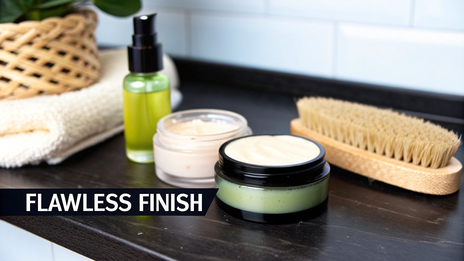 A collection of natural skincare products including jars of cream, oil, a brush, and a towel on a wooden surface.