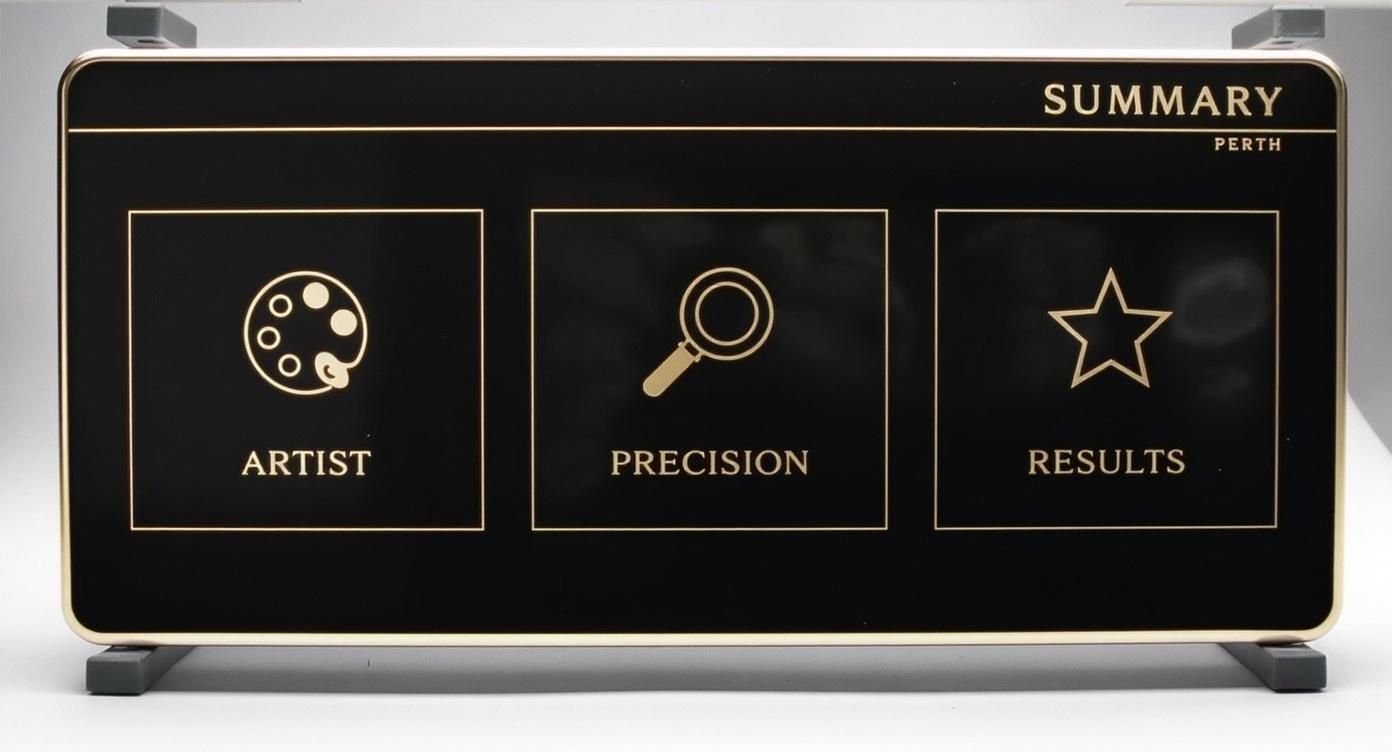 A black and gold plaque with 'SUMMARY PERTH' and icons for 'ARTIST', 'PRECISION', and 'RESULTS'.