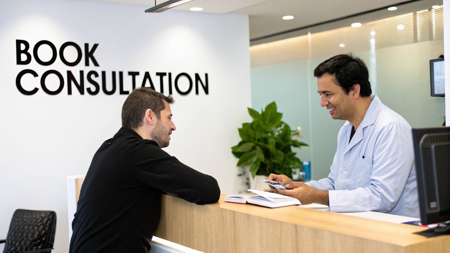 Two smiling men, a patient and a medical professional, interact at a consultation desk.