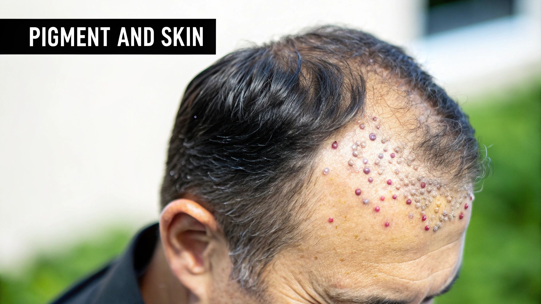 Man applying sunscreen to his scalp to protect his scalp micropigmentation