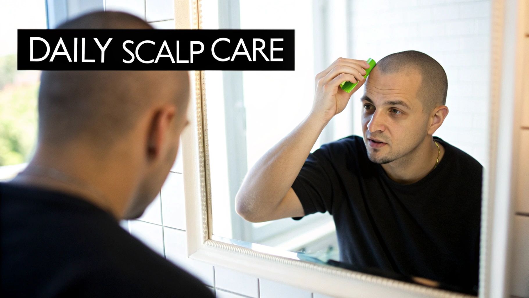 A man with a shaved head applies daily scalp care product with a green tool, looking in a mirror.