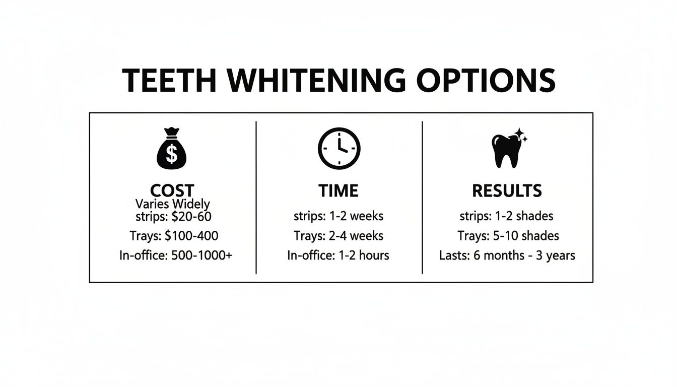 An infographic comparing teeth whitening options by cost, time, and results for strips, trays, and in-office treatments.
