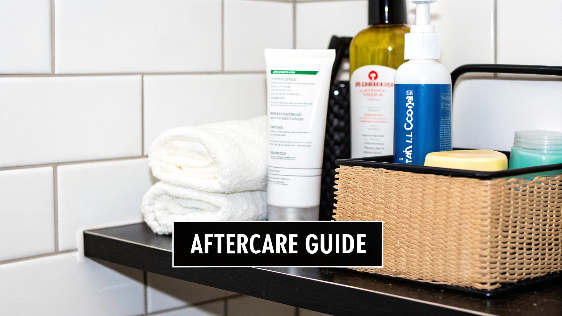 A bathroom shelf displaying aftercare products like rolled towels, skincare bottles, soap, and a woven basket against white subway tiles.