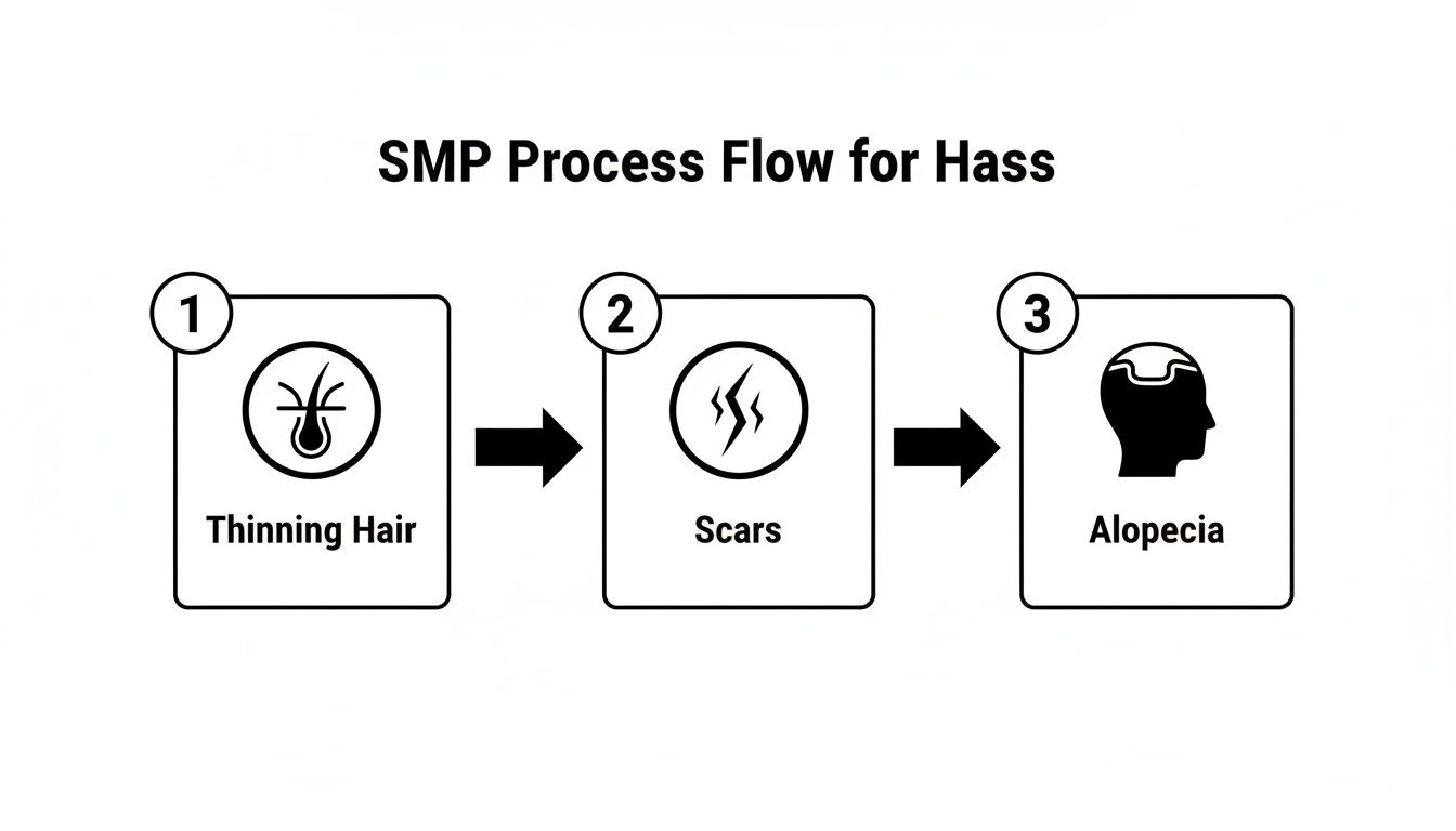 A three-step process flow diagram illustrating conditions treated by SMP: thinning hair, scars, and alopecia.