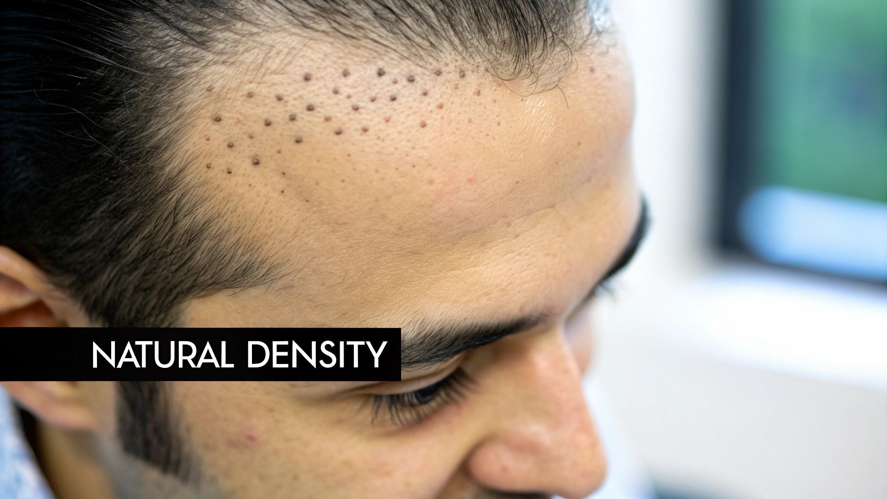Close-up of a person's forehead showing tiny dark dots for natural hair density.