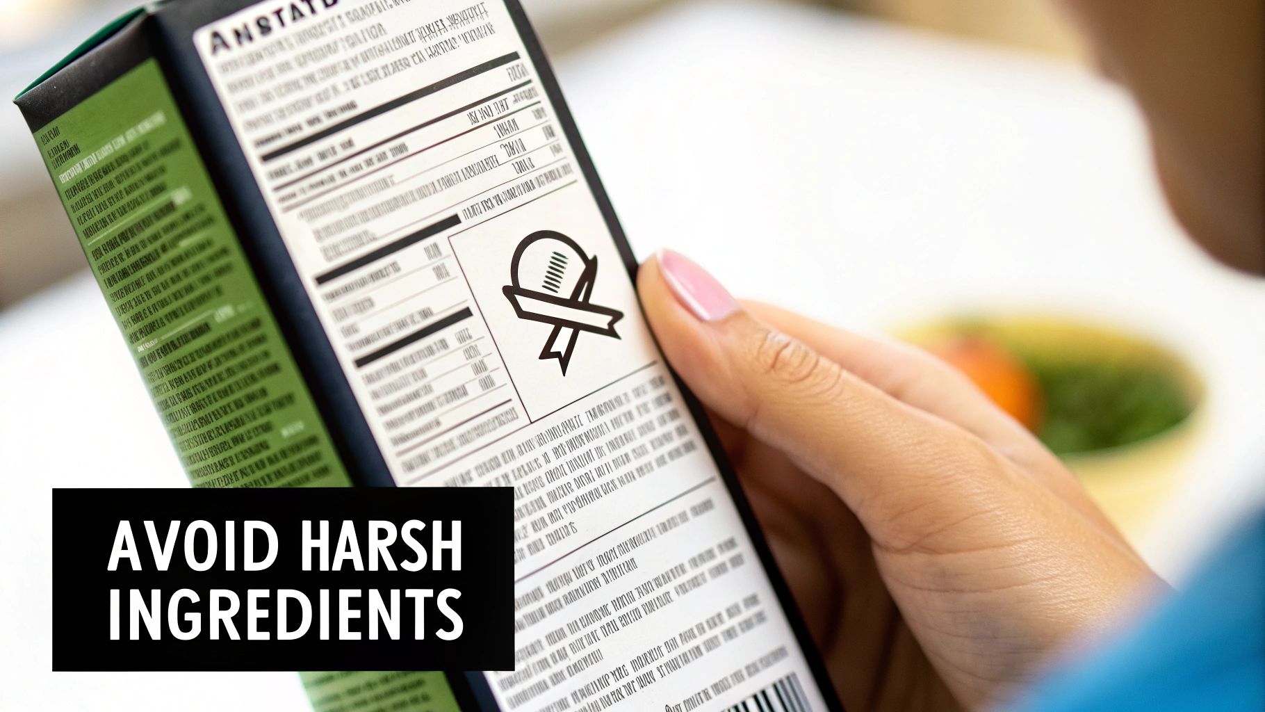 A person reads product packaging with 'AVOID HARSH INGREDIENTS' text, checking labels.
