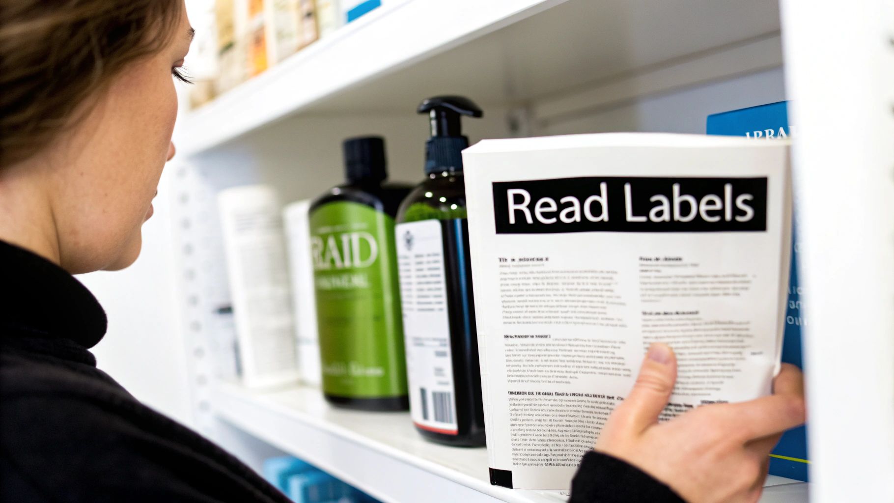 A person reads the 'Read Labels' message on a white product box on a store shelf.