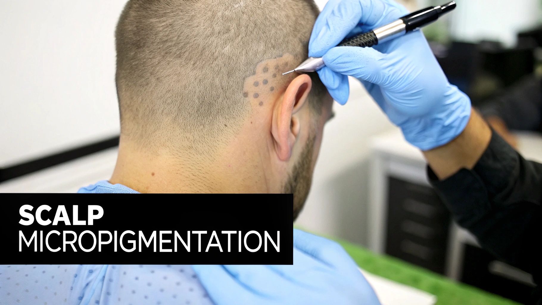 Close-up of a man receiving scalp micropigmentation for hair loss treatment.