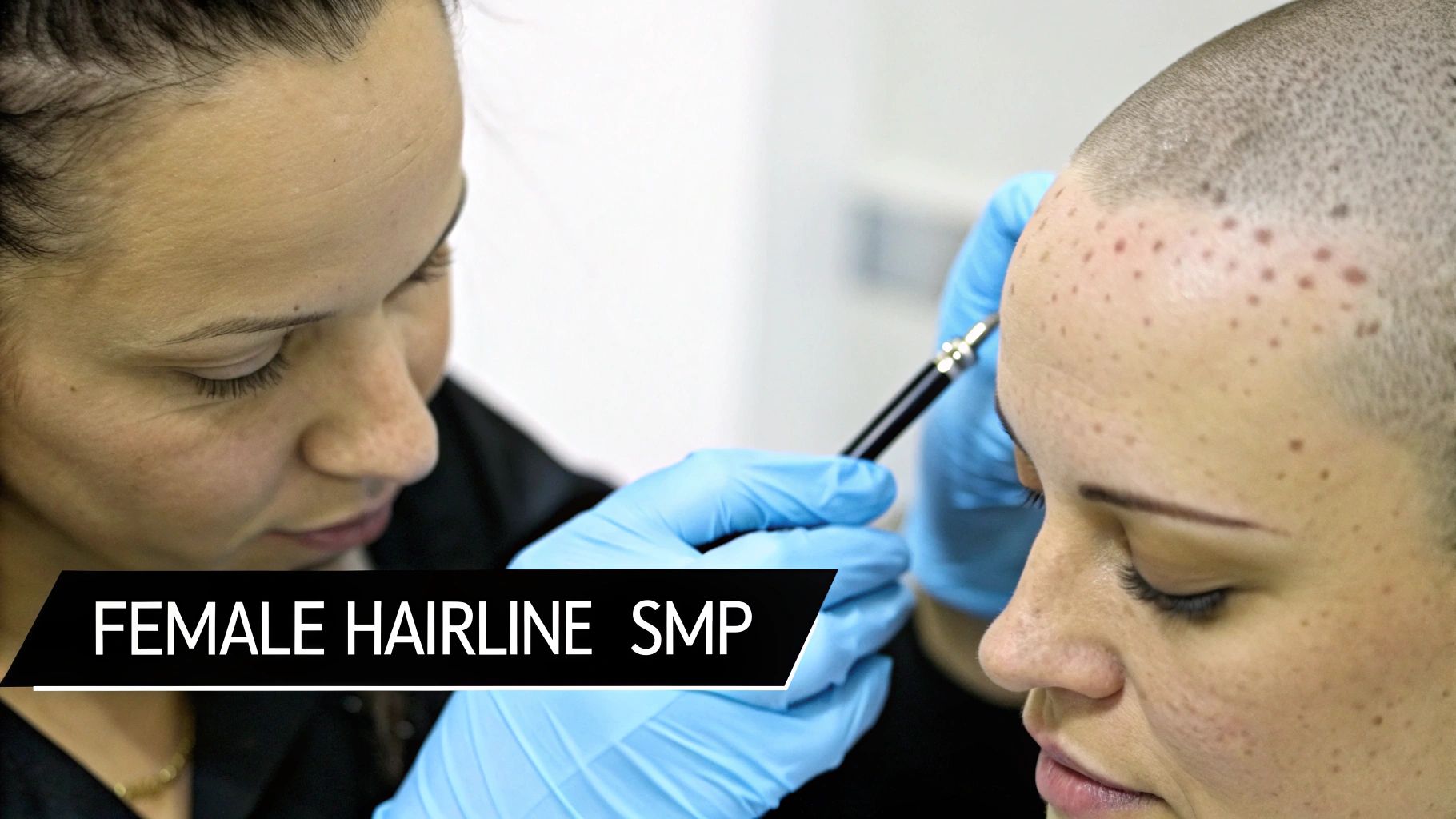 A female patient receiving scalp micropigmentation for her hairline, with a technician performing the procedure.