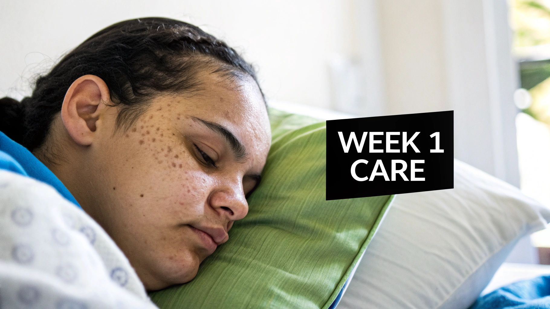 A patient with freckles rests on a green pillow, with text "WEEK 1 CARE" overlay.