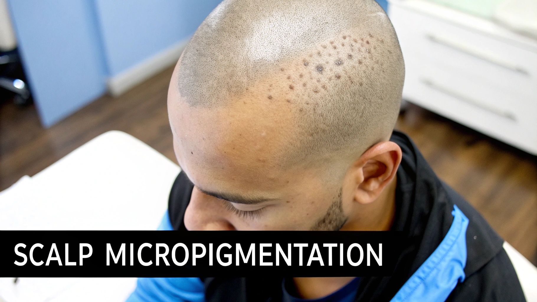 A man's head showing the detailed results of a hair tattoo, creating the appearance of a buzz cut.