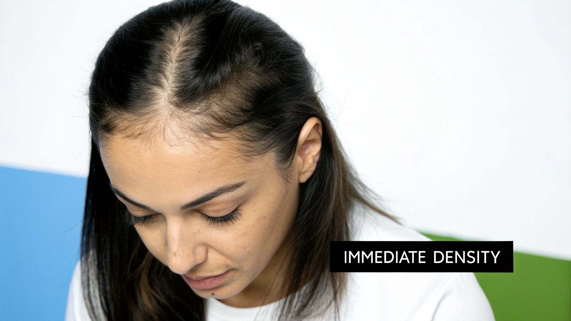 A woman with noticeable hair thinning along her scalp part, indicating hair loss.