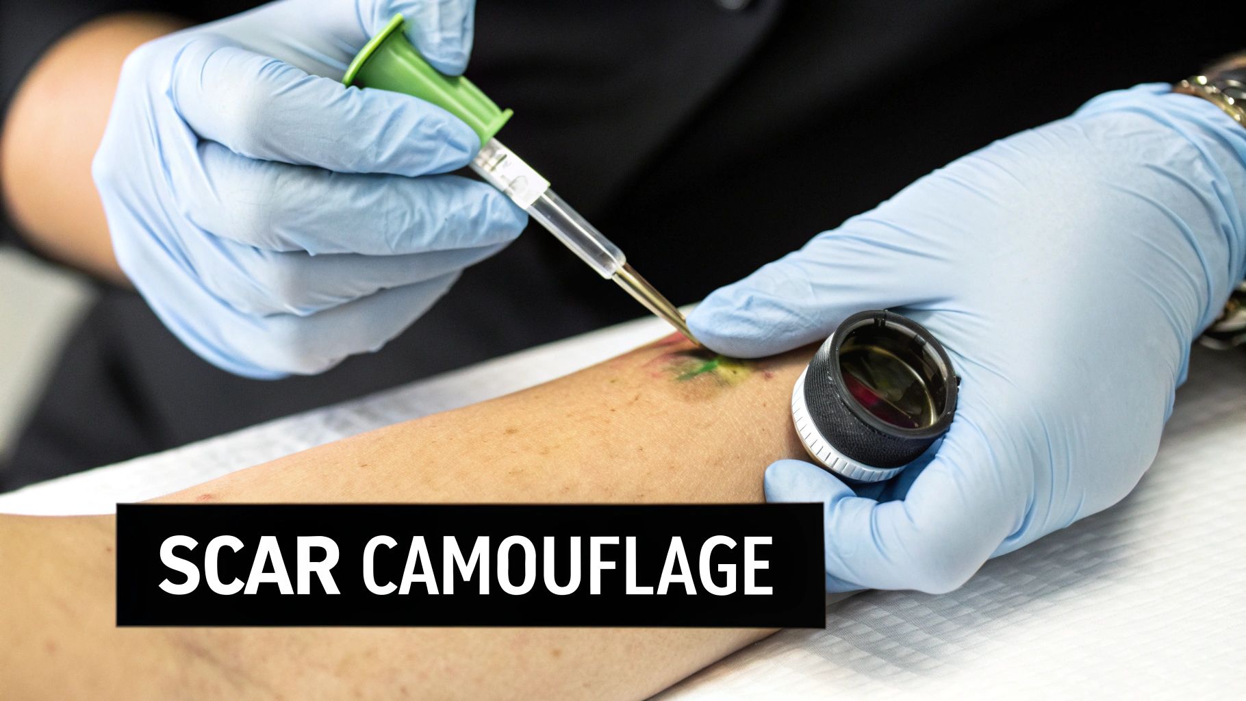 Gloved hands perform scar camouflage tattooing on an arm using a specialized pen and magnifier.