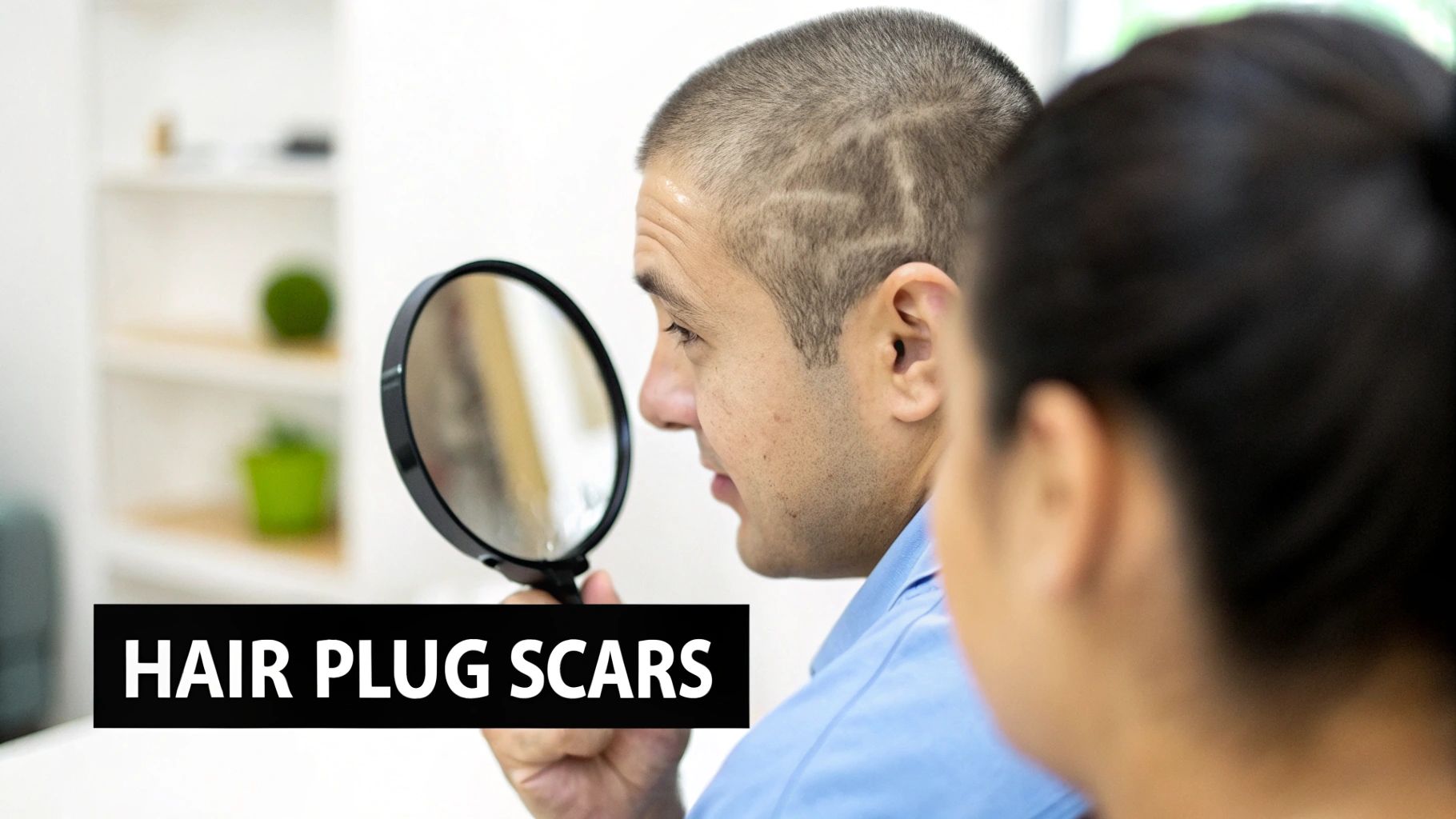 A man with short hair examines his head in a magnifying mirror, showing hair plug scars.