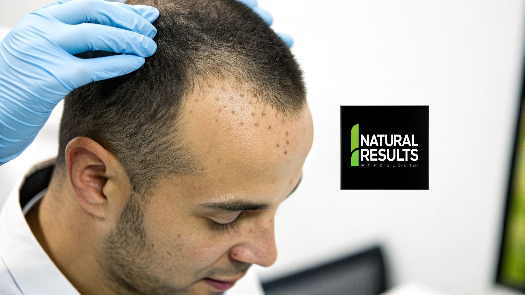 Close-up of a man's forehead showing tiny dots from a scalp micropigmentation procedure, with a gloved hand.