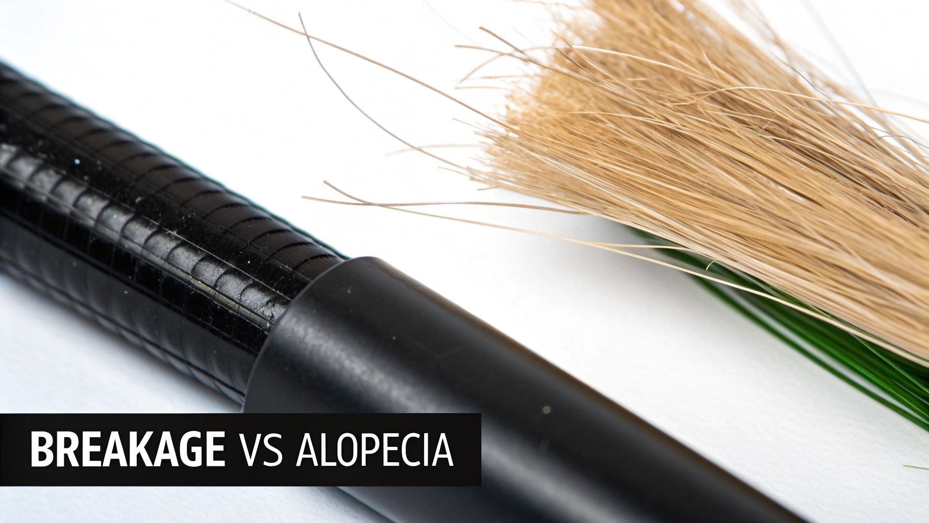 Illustrative image showing hair-like strands and a tool, with text 'BREAKAGE VS ALOPECIA' highlighting hair loss.