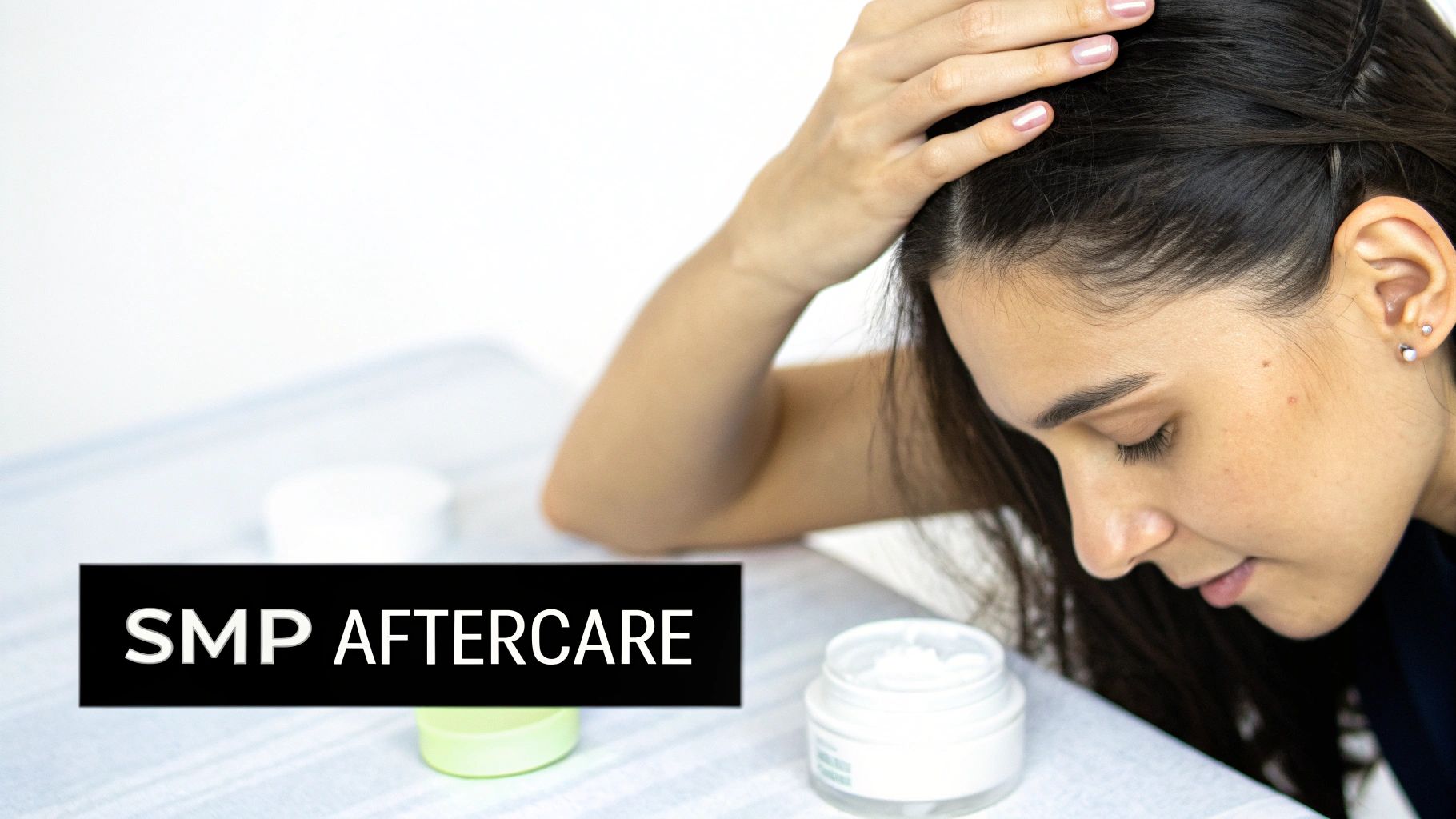 A woman with dark hair gently touching her head, next to two jars of cream, with 'SMP AFTERCARE' text.