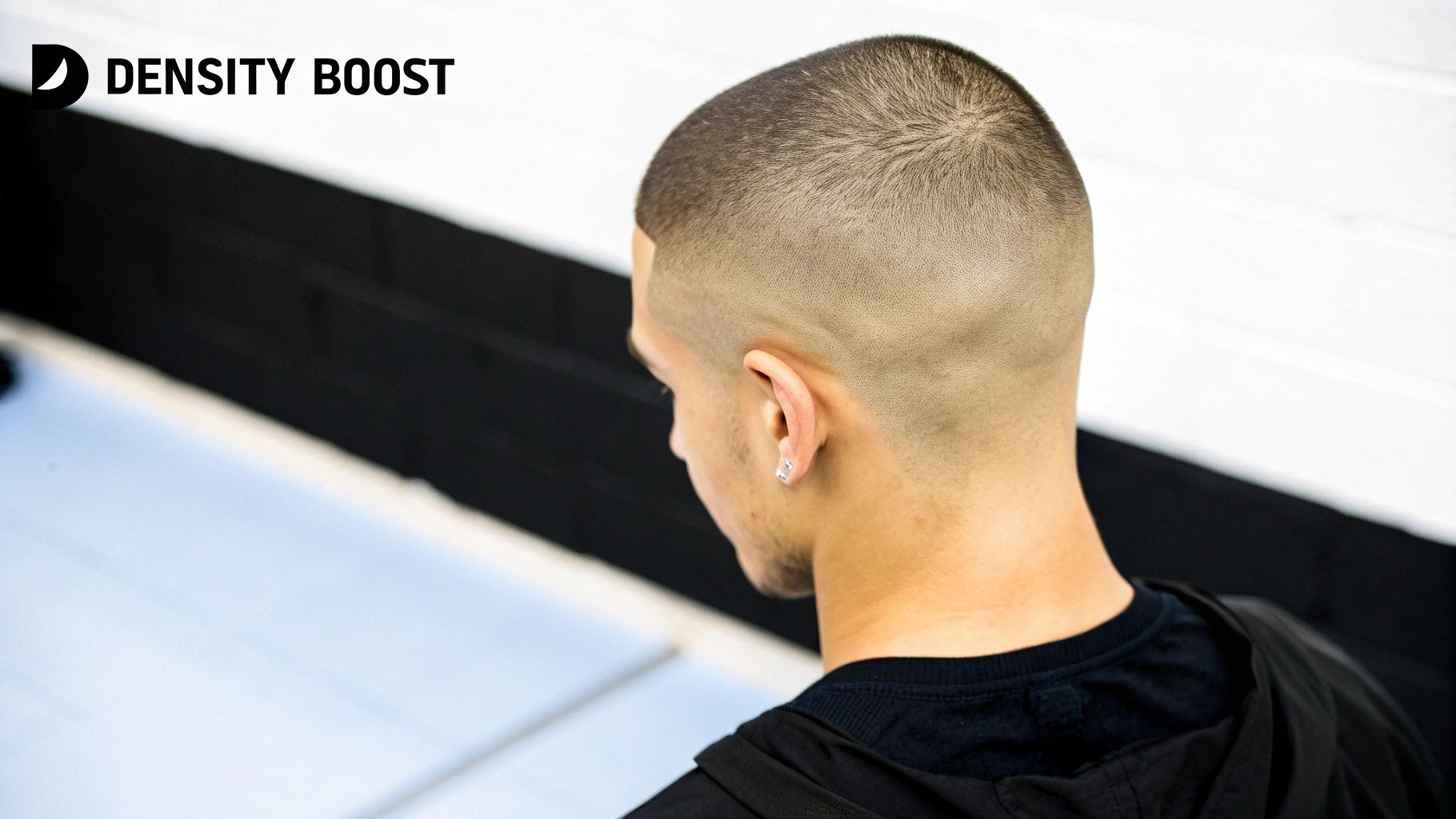 Rear view of a man showing a detailed, very short faded haircut.