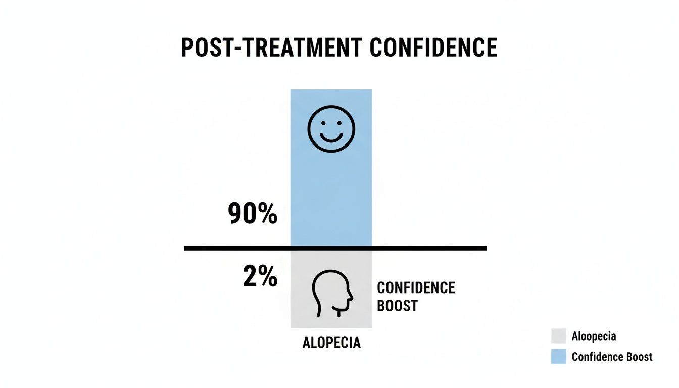 Infographic illustrating post-treatment confidence: 90% confidence boost and 2% alopecia.