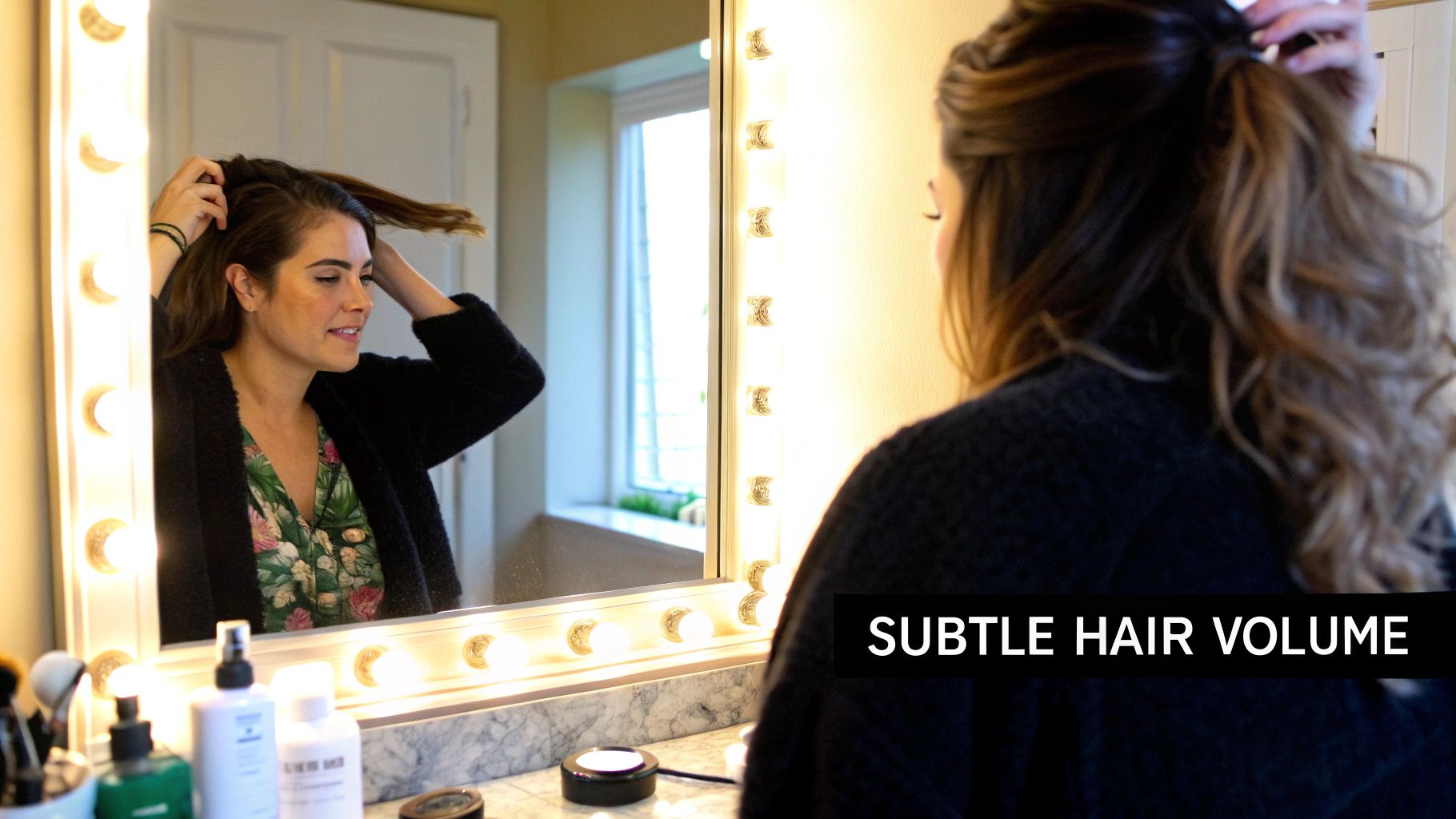 Woman showing the results of a hair tattoo for female pattern hair loss