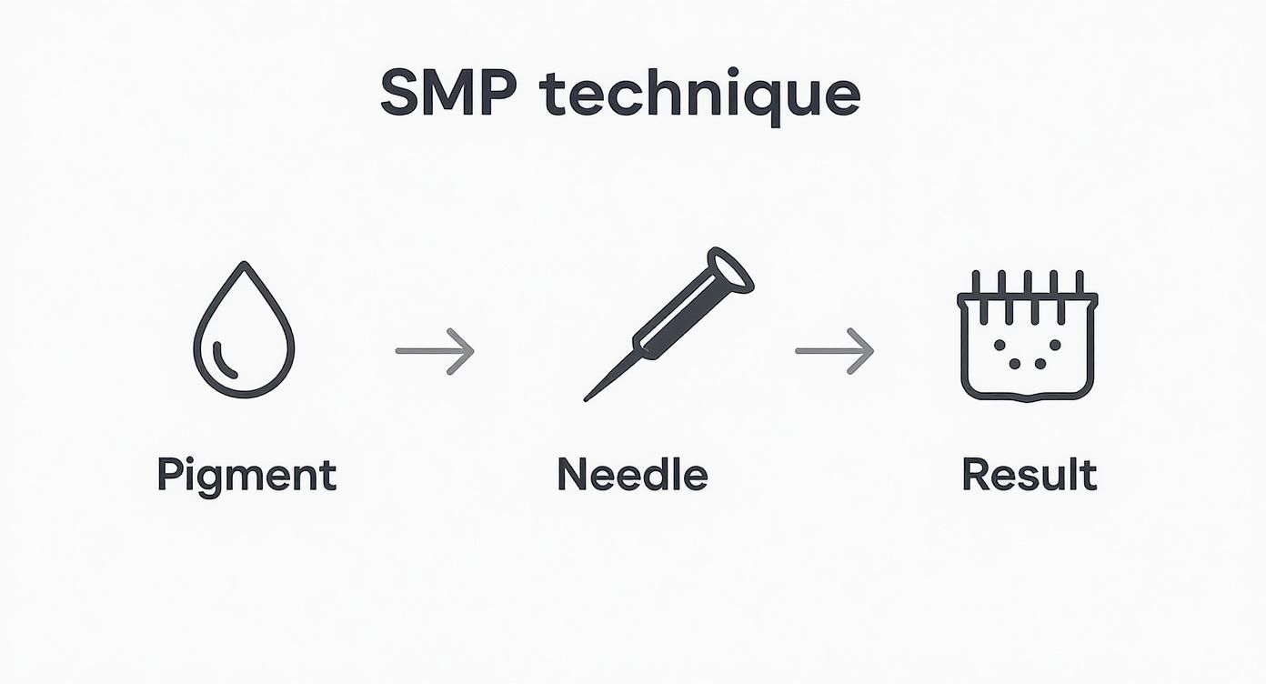 A diagram illustrating the SMP technique: pigment drop, then needle, leading to a scalp result.