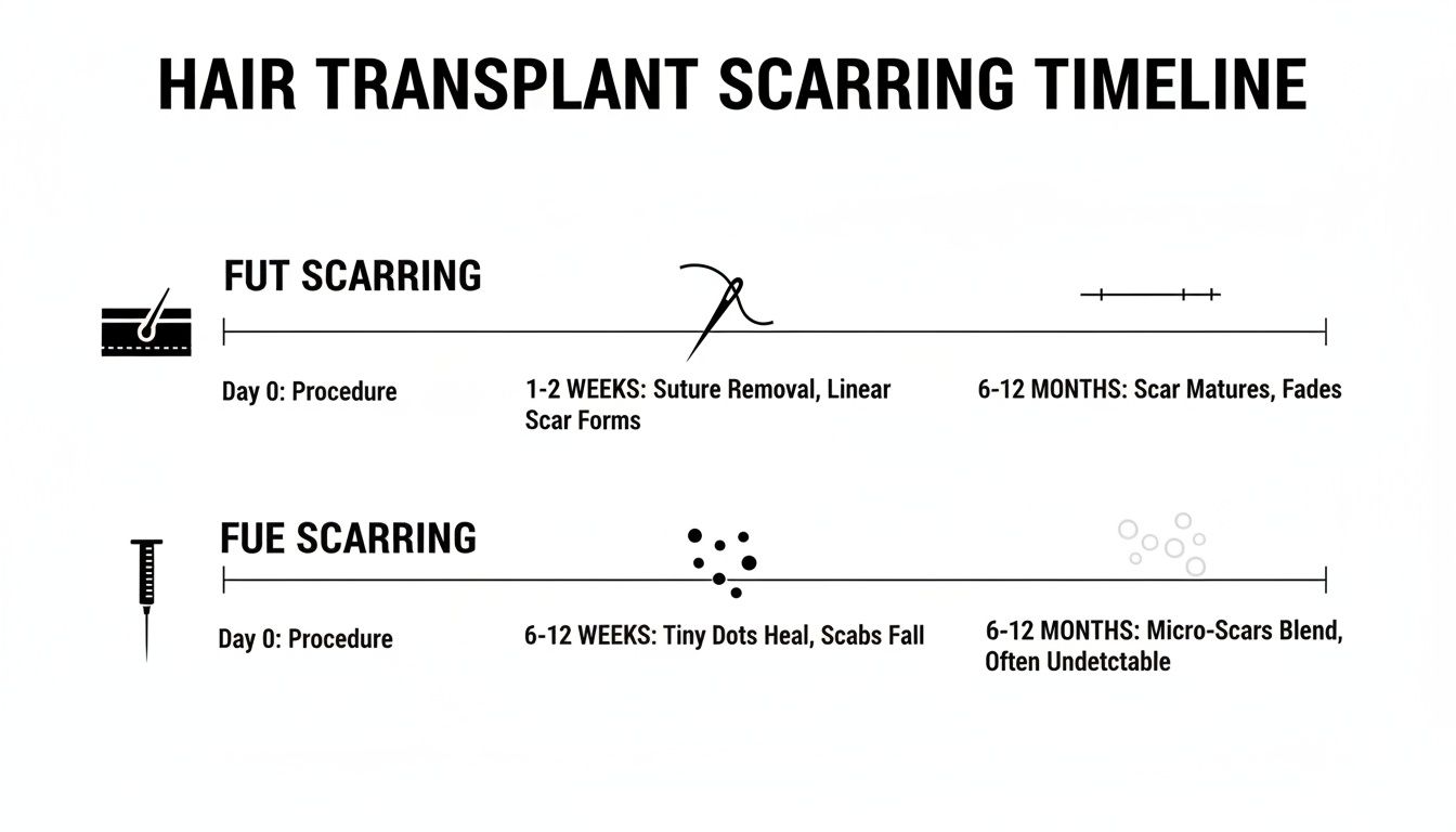 A visual timeline comparing scarring from FUT and FUE hair transplants, showing healing stages over months.