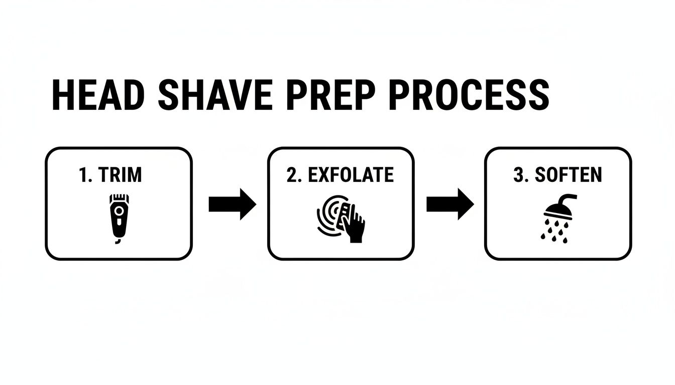 Infographic detailing a head shave preparation process in three steps: Trim, Exfoliate, and Soften.