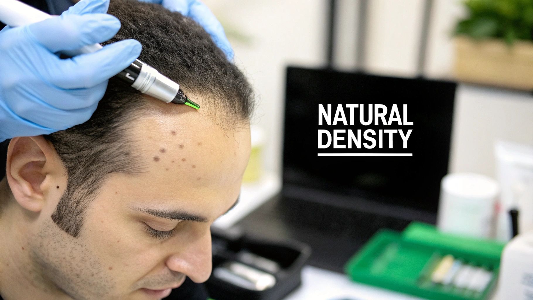 Professional applying scalp micropigmentation to a man's head for natural hair density.