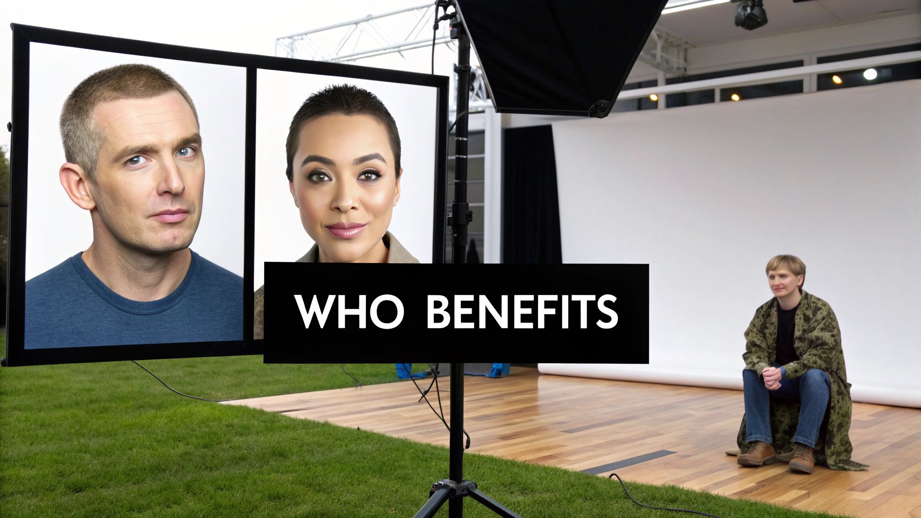 Diverse individuals on screens and a person in a studio asking, 'WHO BENEFITS'.