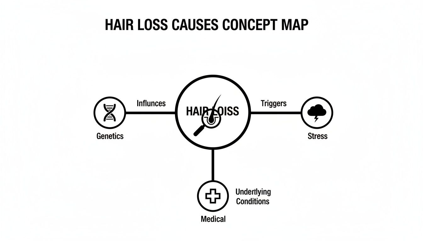 A concept map illustrating hair loss causes, including genetics, stress, and underlying medical conditions.