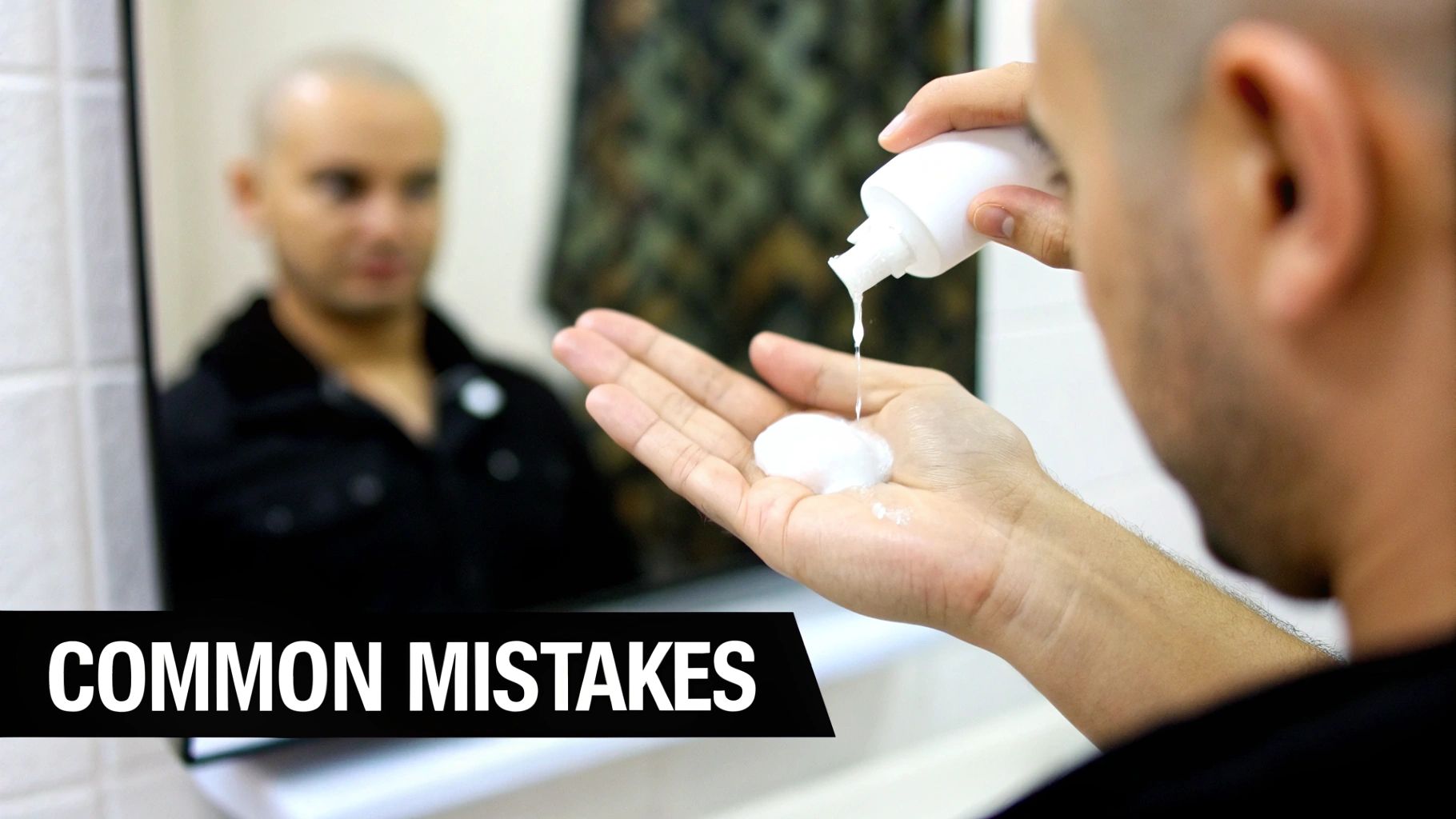 A man dispenses white lotion into his hand, preparing to apply it to his shaved head.