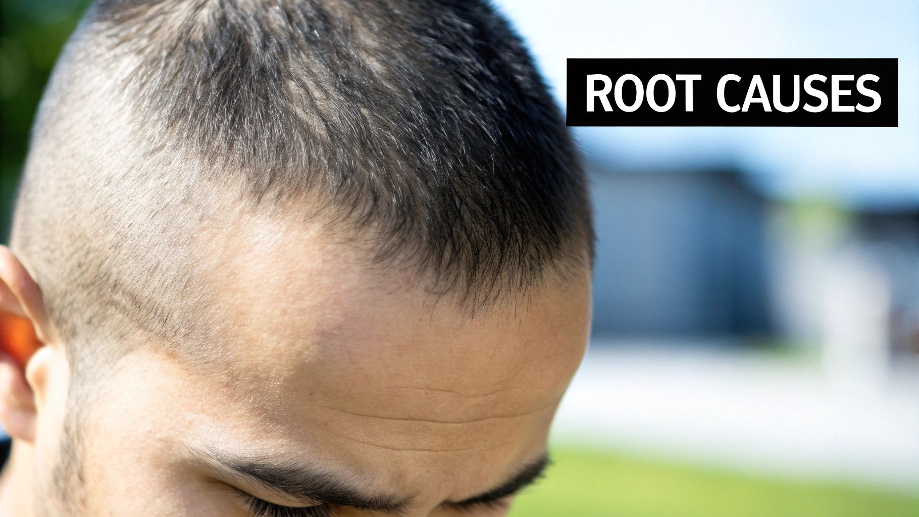 Close-up of a man's head showing thinning hair and a receding hairline, with 'ROOT CAUSES' text.