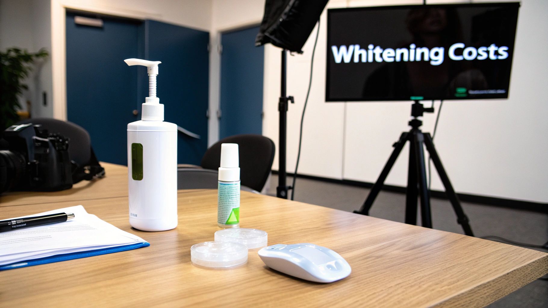 A wooden desk with a pump bottle, mouse, and papers, in front of a TV displaying 'Whitening Costs'.