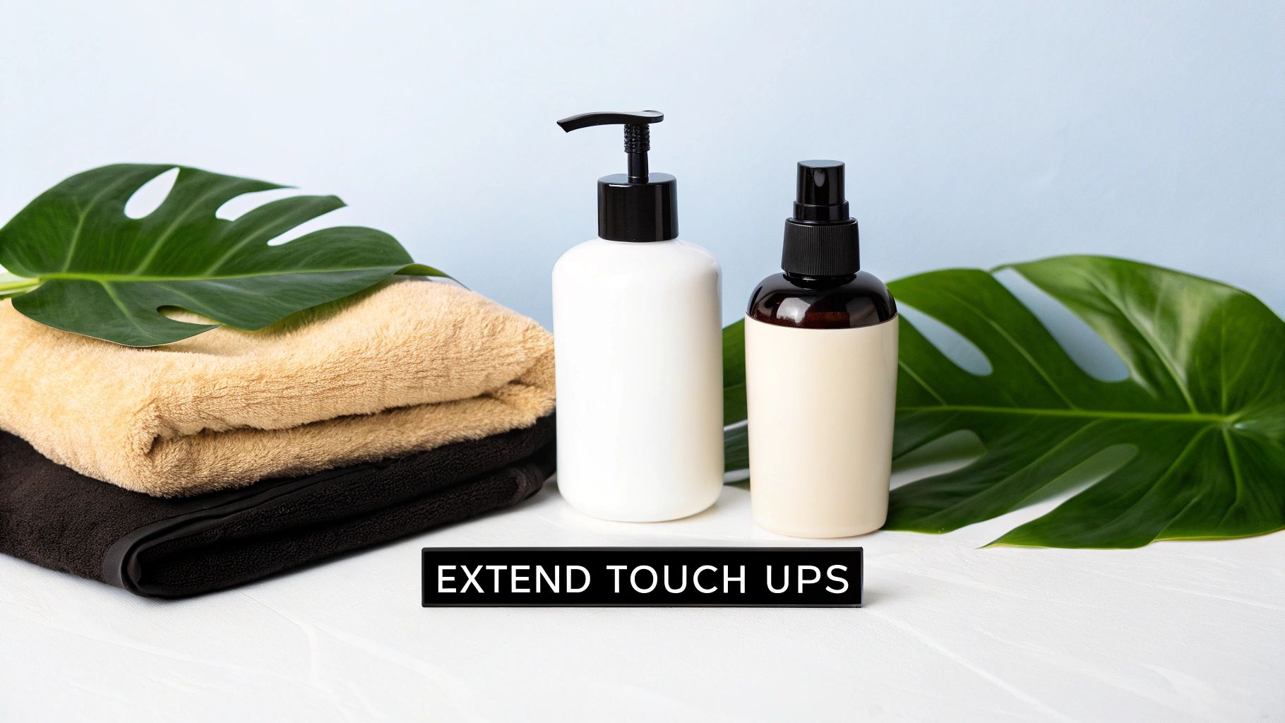 Two cosmetic bottles, folded towels, and tropical leaves with 'EXTEND TOUCH UPS' sign.