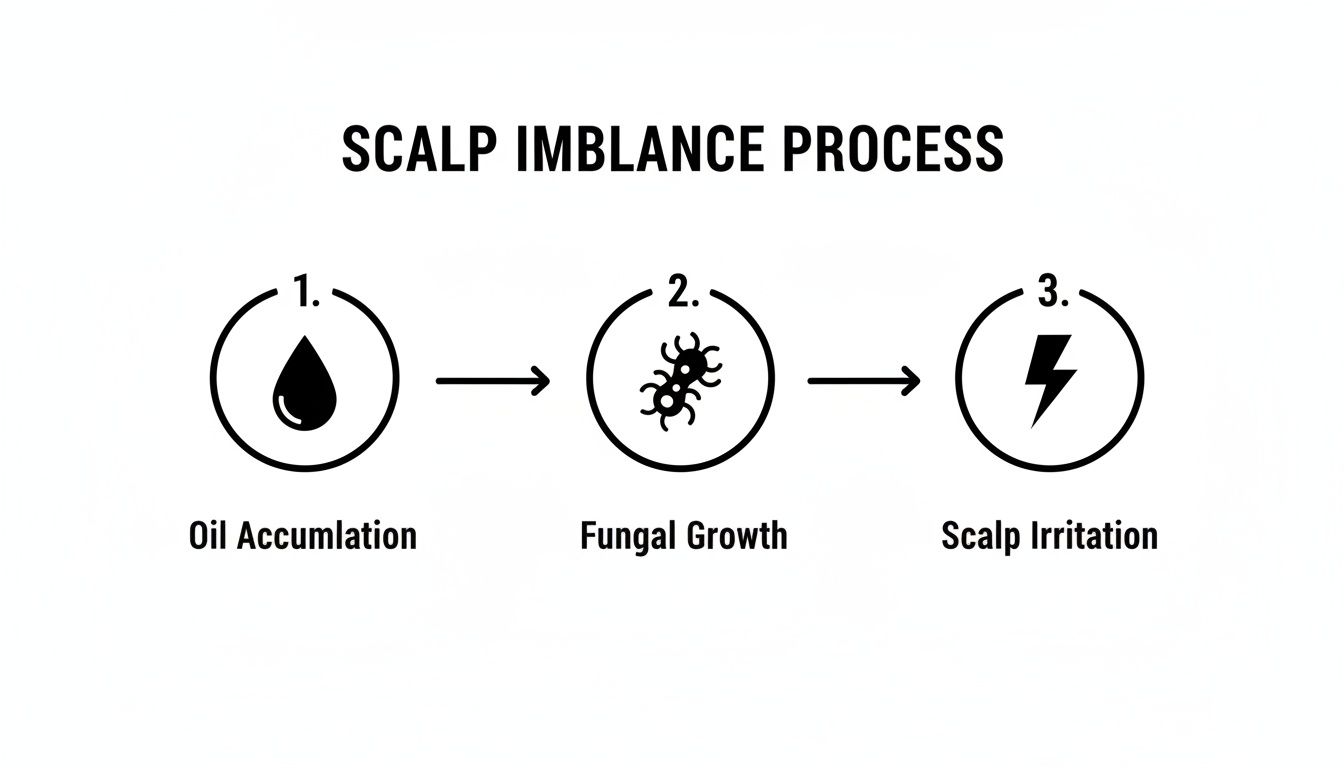 A diagram illustrates the scalp imbalance process: oil accumulation, fungal growth, and scalp irritation.